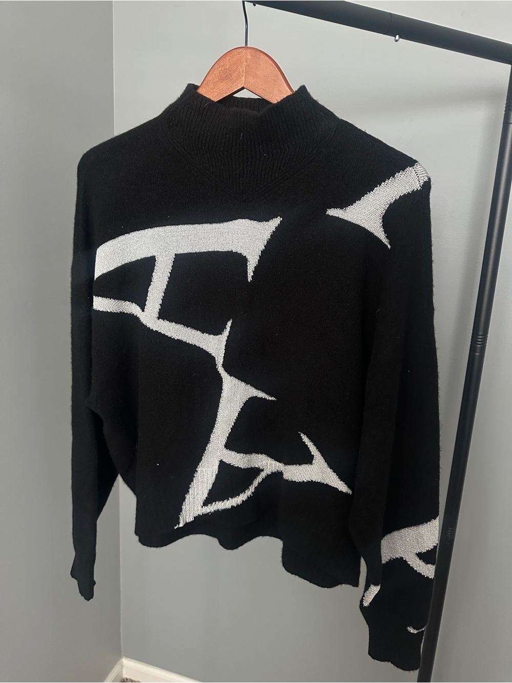 All Saints Black Sweater with Silver A-Graphic subtle Turtleneck